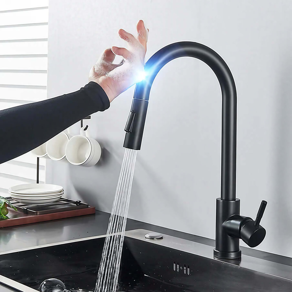 Mitigeur de cuisine tactile à douchette extractible, acier inoxydable, noir