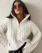 Pull femme col montant zippé, blanc, du XS au XL