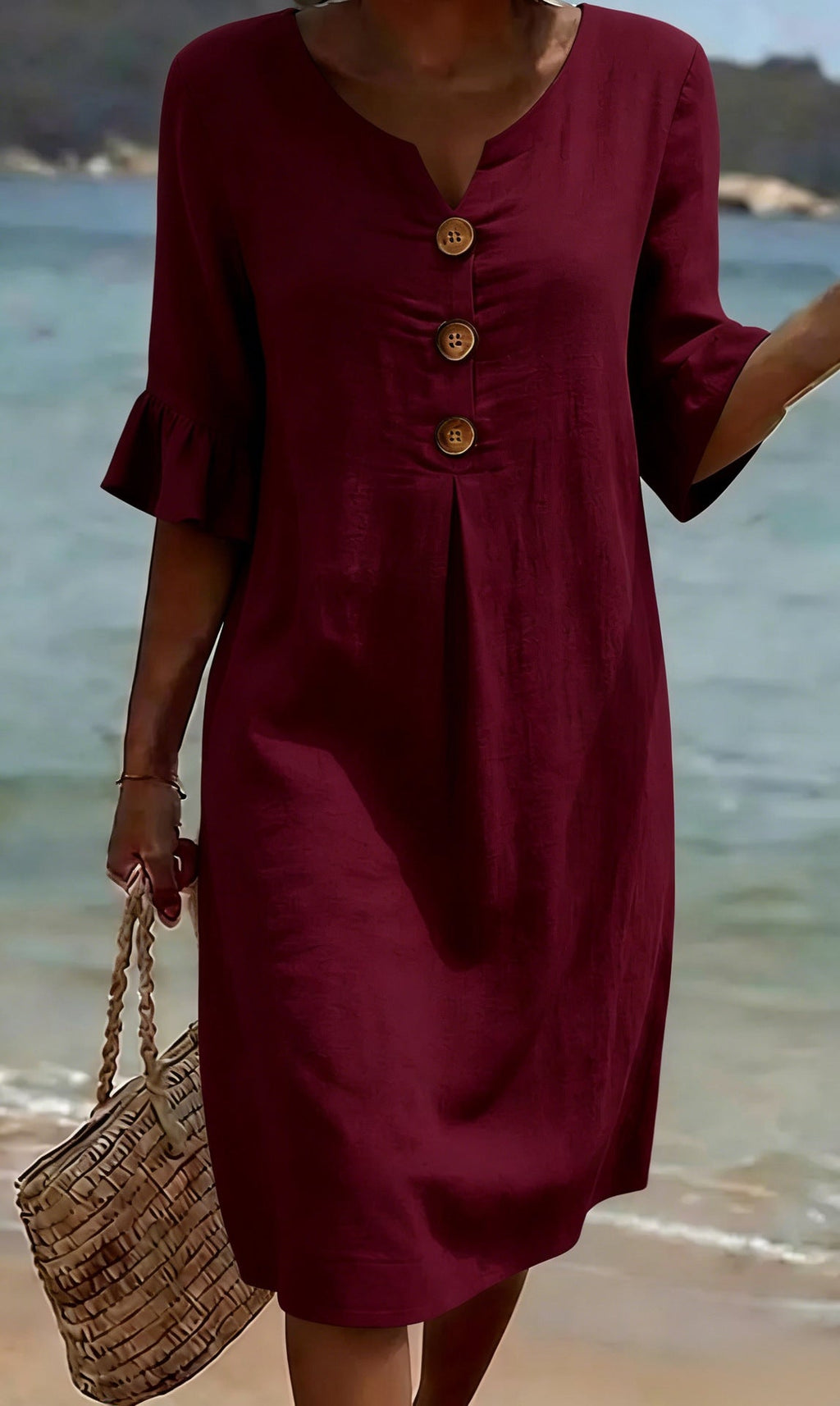 Robe en coton et lin femme boutonnée, manches courtes à volants, bordeaux