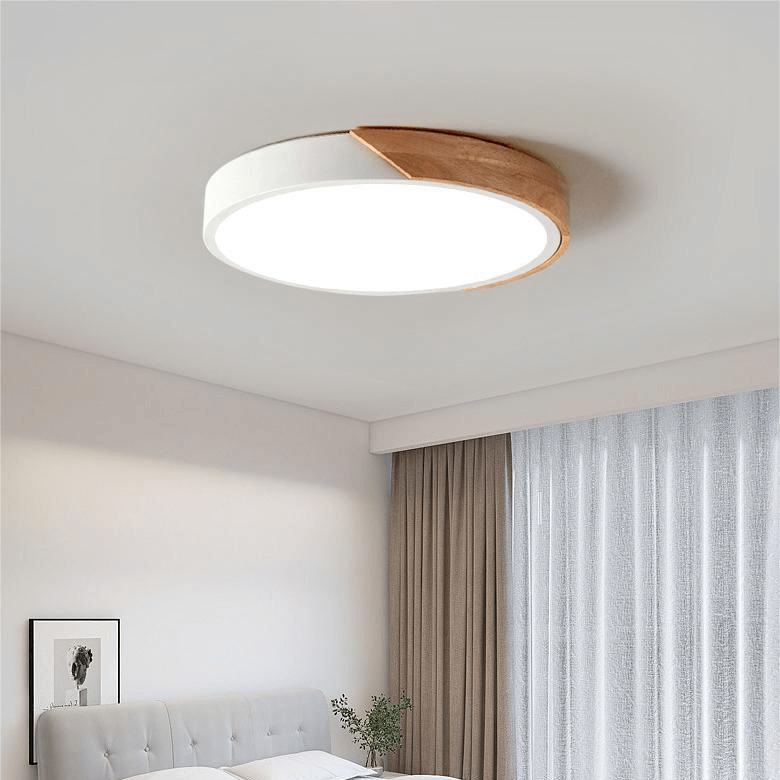 Plafonnier LED rond style scandinave, finition bois en option