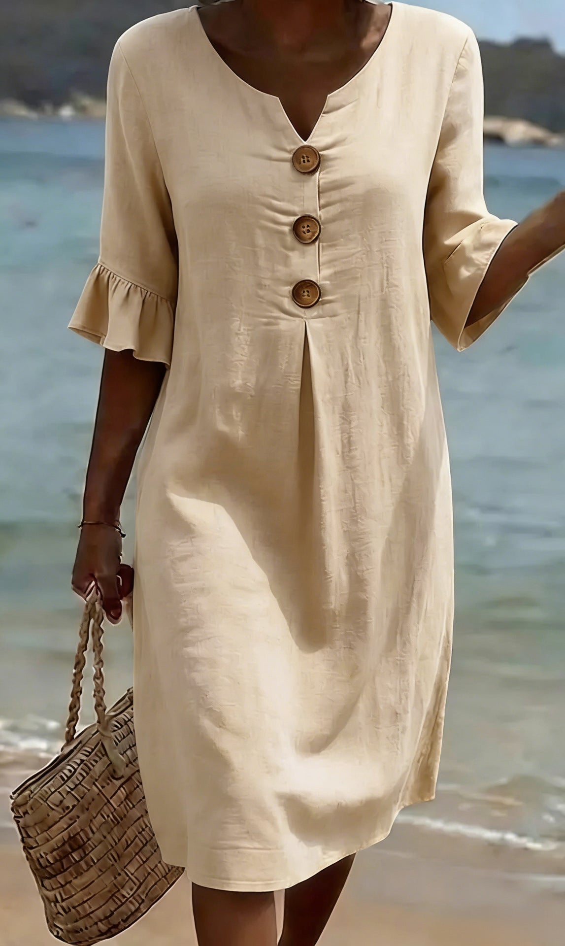 Robe en coton et lin femme boutonnée, manches courtes à volants, abricot