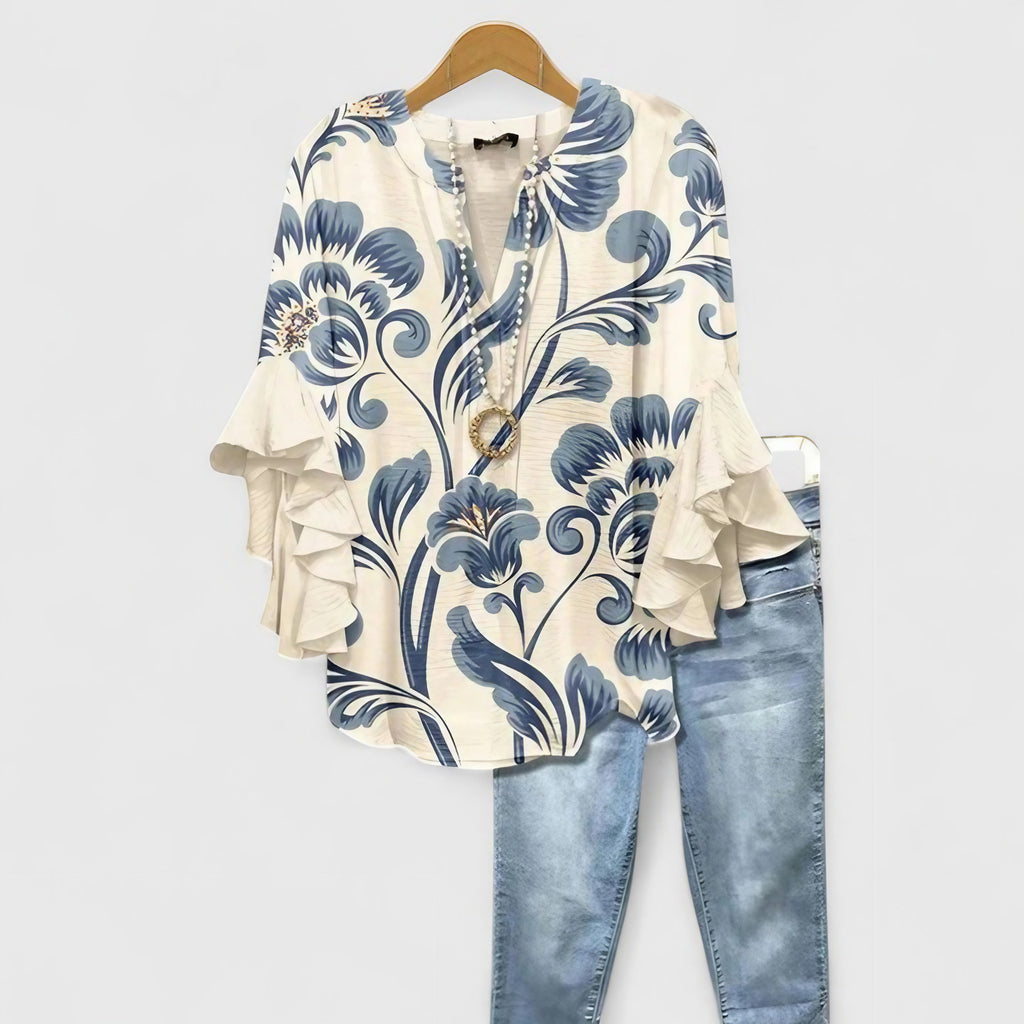 Blouse femme à manches volantées, unie ou fleurie, du S au 3XL, blanc et bleu