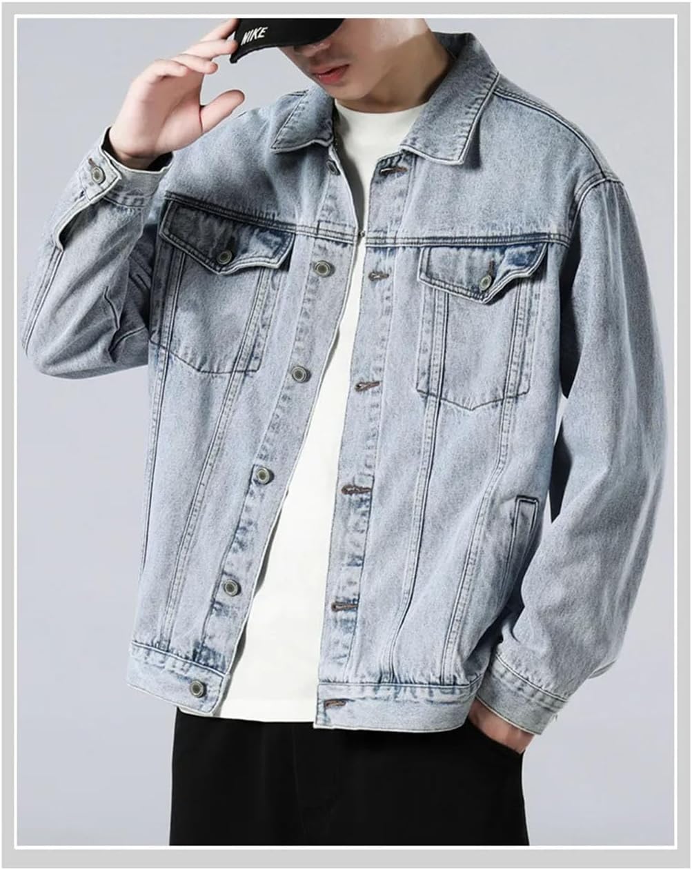 Veste en jean homme, coutures renforcées, trois coloris, bleu clair