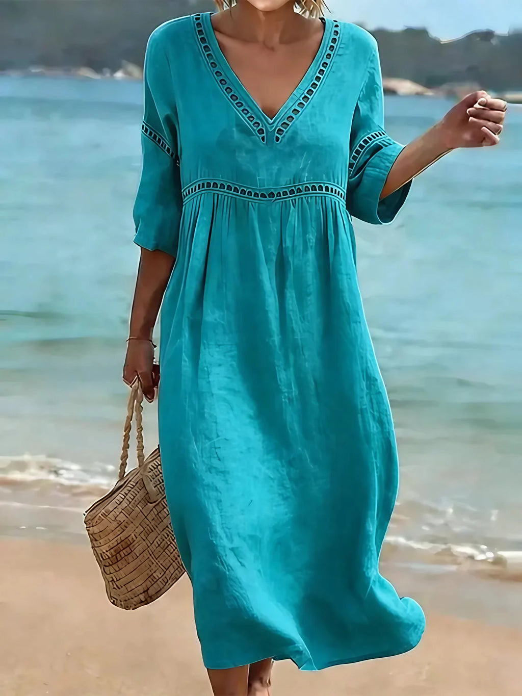 Robe en coton femme col V, mi-longue, manches courtes et poches, bleu