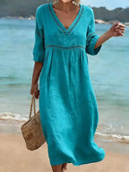 Robe en coton femme col V, mi-longue, manches courtes et poches, bleu