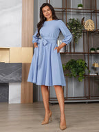 Robe midi femme nouée à la taille, coupe fluide, dix coloris, bleu ciel
