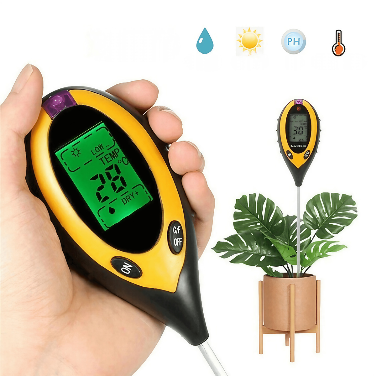 Testeur de sol 4 en 1 : pH, humidité, température et lumière
