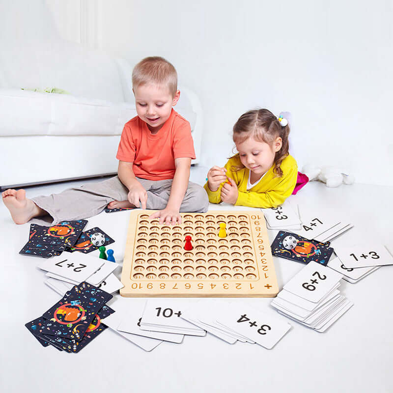 Jeu de multiplication en bois : plateau, 100 cartes et 2 dés