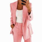 Tailleur pantalon femme, blazer col V et pantalon large, rose