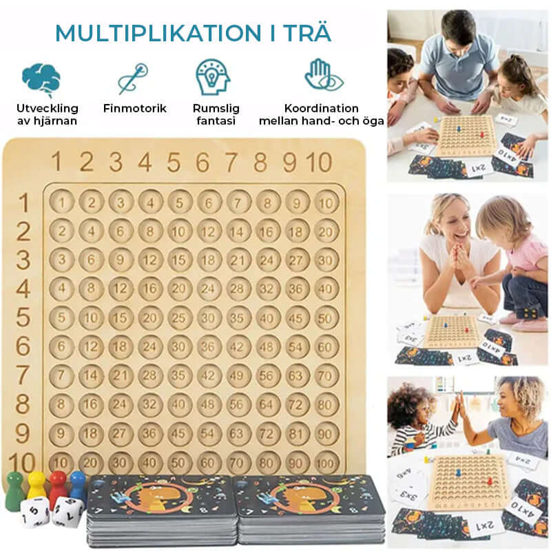 Jeu de multiplication en bois : plateau, 100 cartes et 2 dés