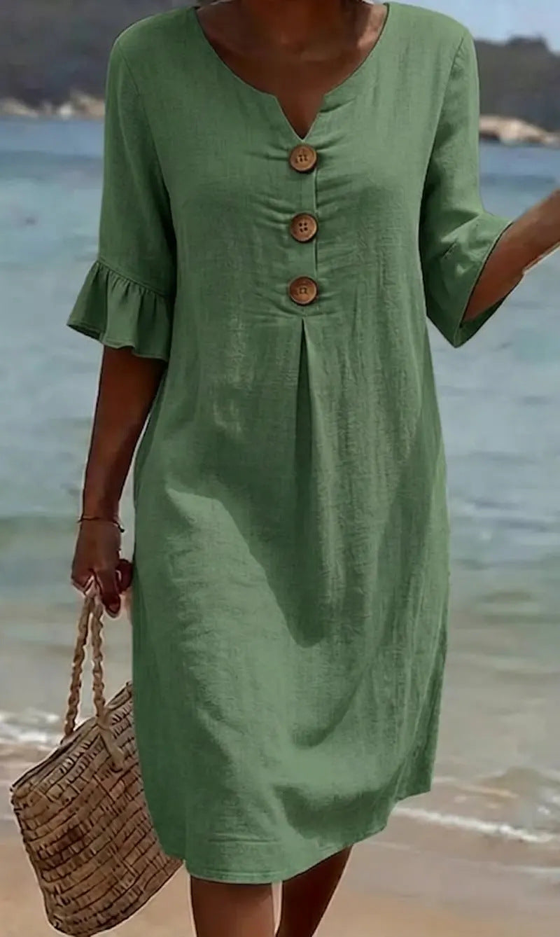 Robe en coton et lin femme boutonnée, manches courtes à volants, vert