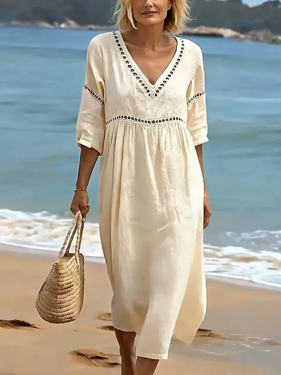 Robe en coton femme col V, mi-longue, manches courtes et poches