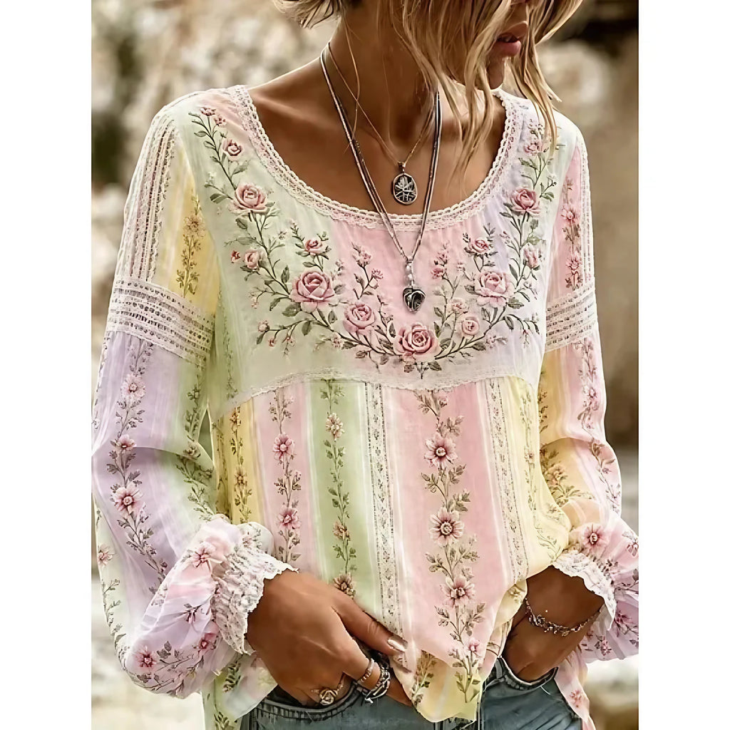 Blouse femme brodée de fleurs, style bohème, manches longues, rose et jaune