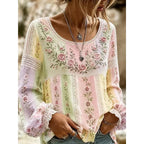 Blouse femme brodée de fleurs, style bohème, manches longues, rose et jaune