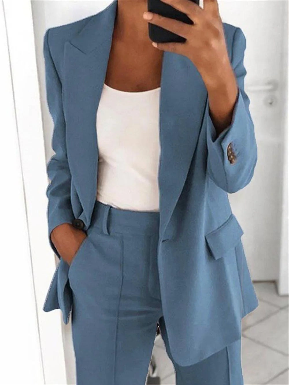 Tailleur pantalon femme, blazer col V et pantalon large, bleu
