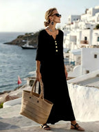 Robe en coton et lin femme, coupe ample, manches 3/4, noir
