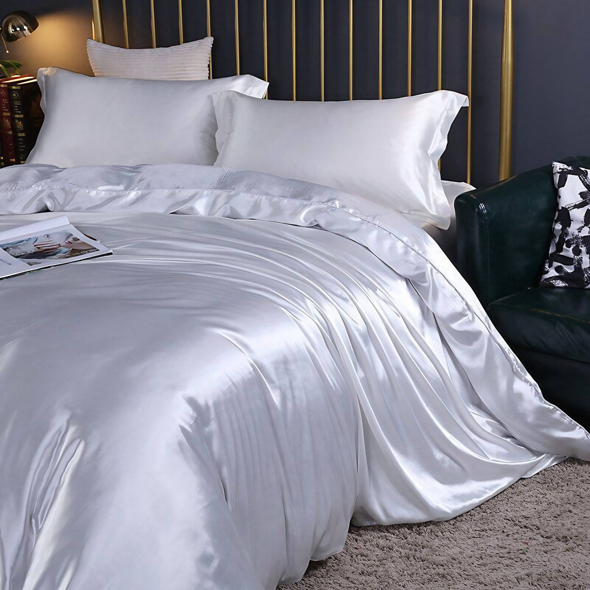 Parure de lit en satin 4 pièces, treize coloris, blanc