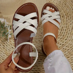 Sandales plates tressées femme à bride arrière élastique, blanc