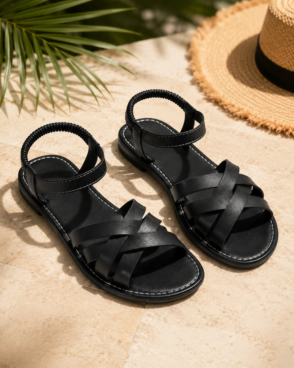 Sandales plates tressées femme à bride arrière élastique, noir