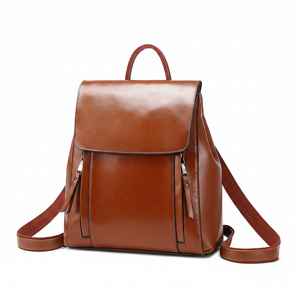 Sac à dos femme en cuir à compartiments, trois coloris, marron clair