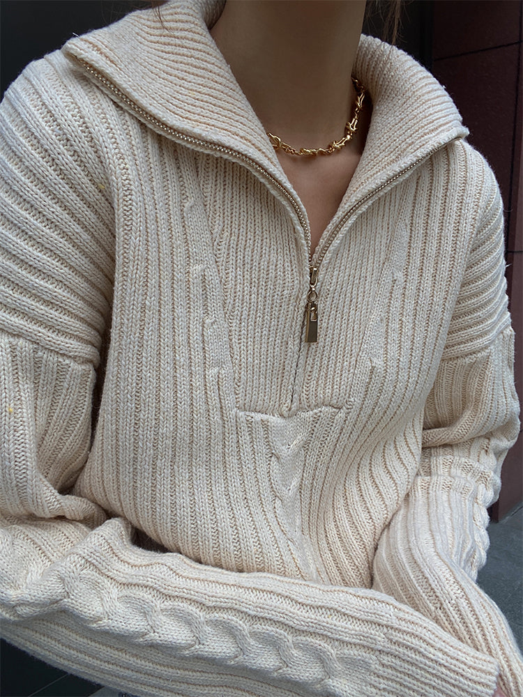 Pull femme col montant zippé, blanc, du XS au XL