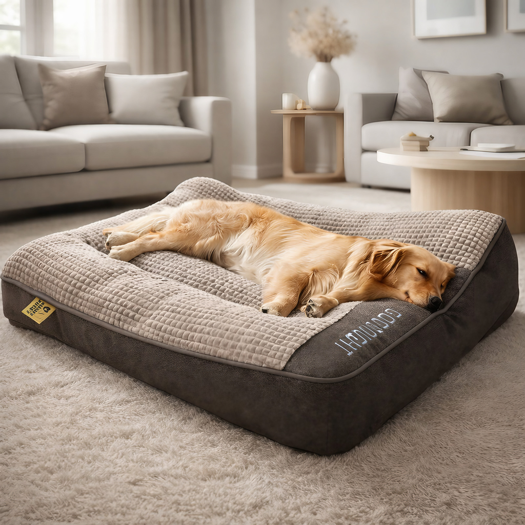 Coussin orthopédique pour grand chien avec rebord, housse lavable, marron