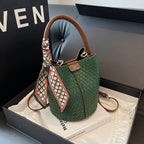 Sac seau femme tressé en similicuir, fermeture aimantée, vert