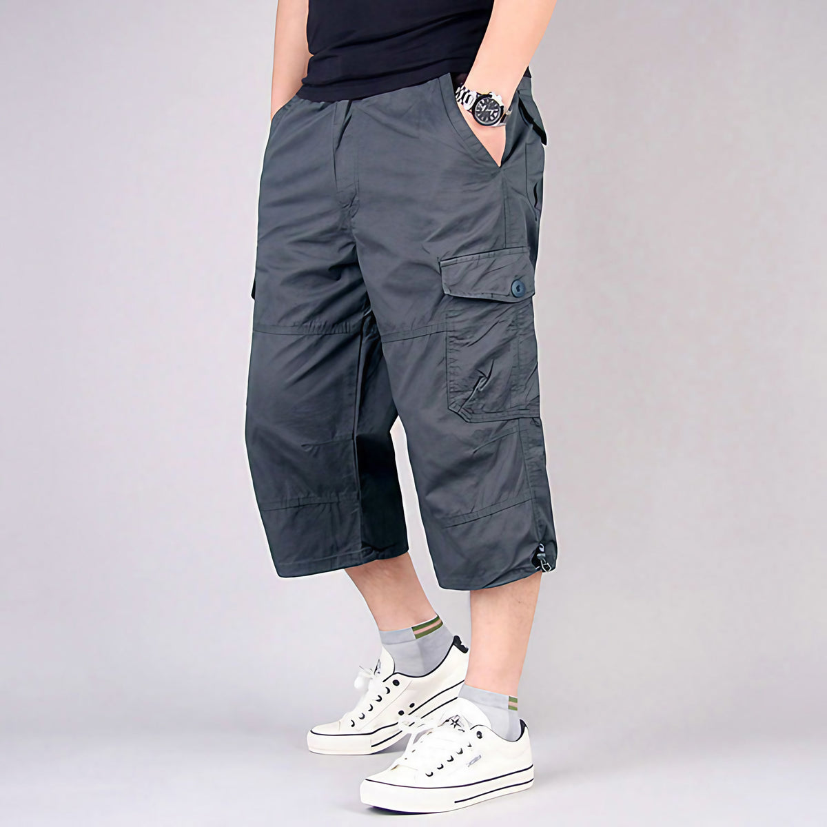 Short cargo homme coupe longue à poches, six coloris, du M au 4XL, gris clair
