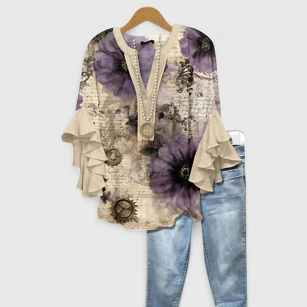 Blouse femme à manches volantées, unie ou fleurie, du S au 3XL, beige