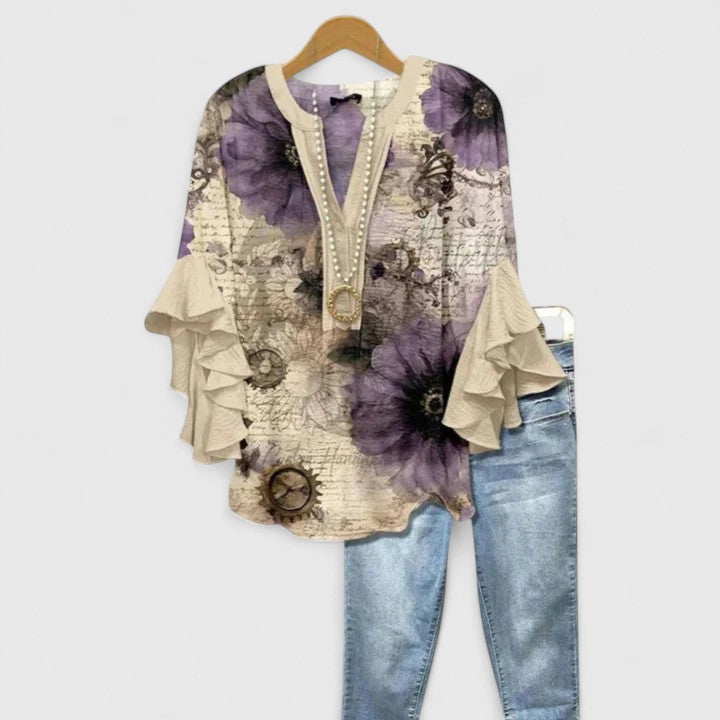 Blouse femme à manches volantées, unie ou fleurie, du S au 3XL, beige