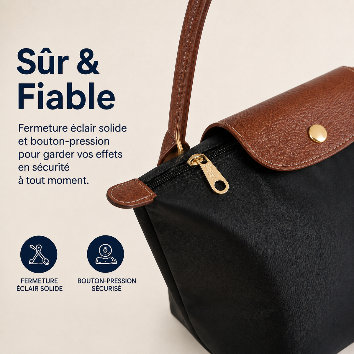 Sac porté épaule femme zippé, trois formats, neuf coloris
