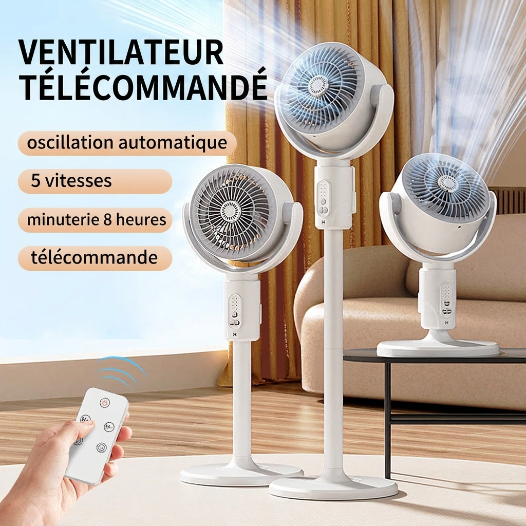 Ventilateur sur pied USB oscillant avec télécommande, 5 vitesses