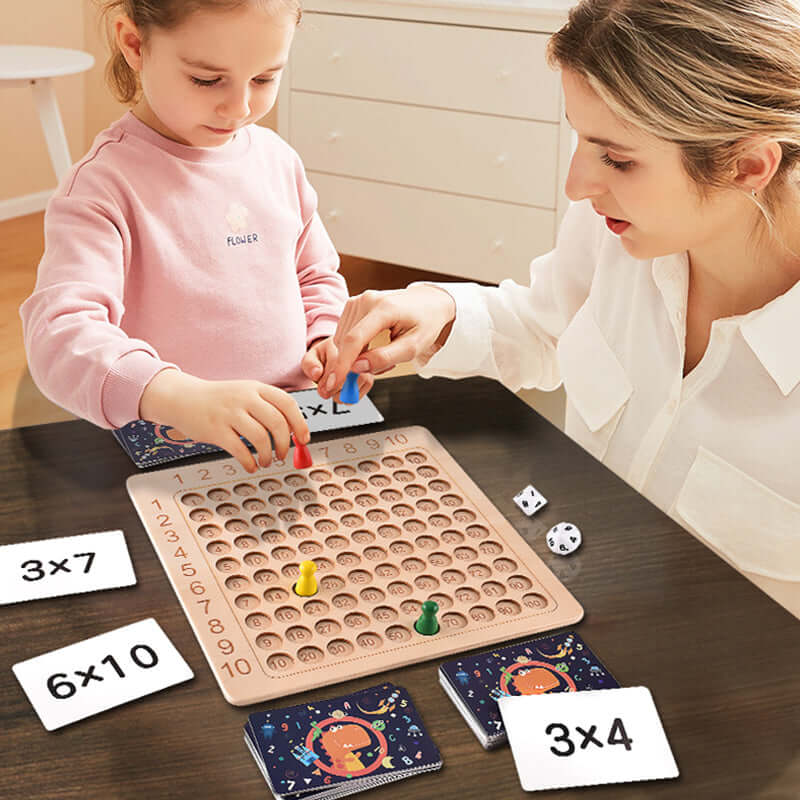 Jeu de multiplication en bois : plateau, 100 cartes et 2 dés