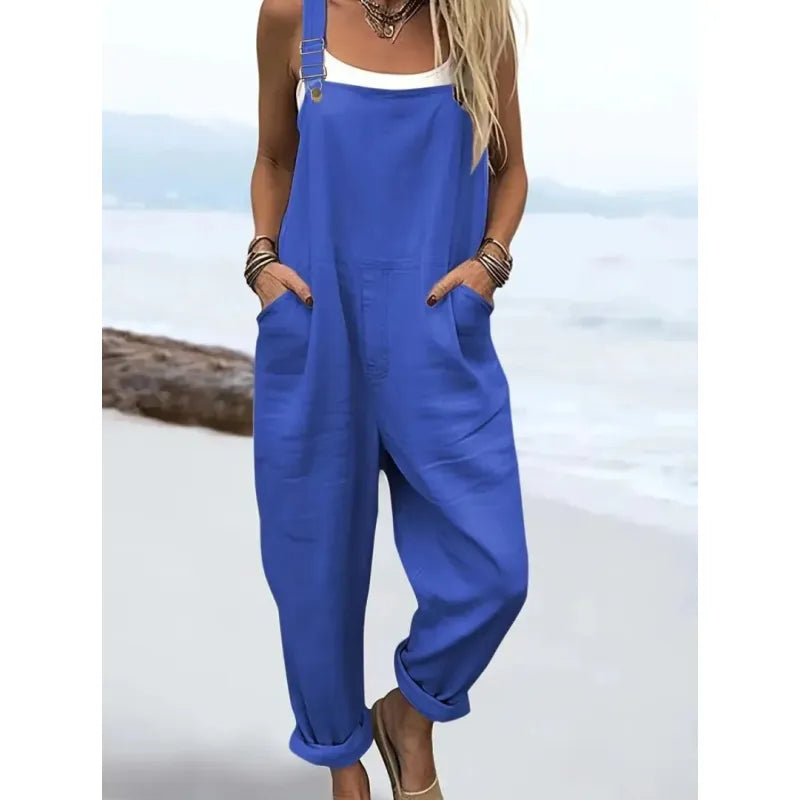 Combinaison salopette femme jambe large, imprimé rétro, sans manches, bleu