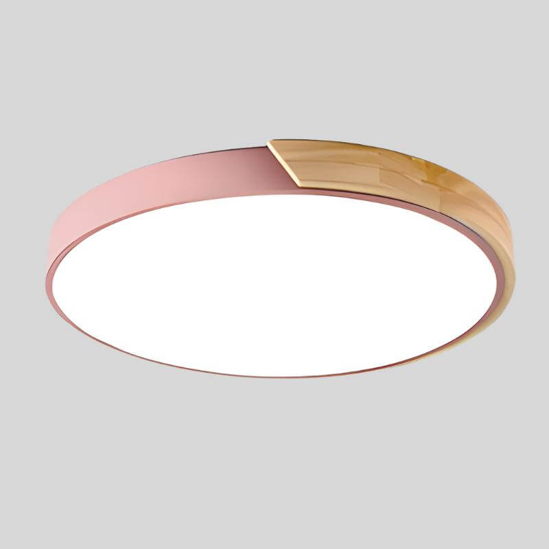 Plafonnier LED rond style scandinave, finition bois en option, rose