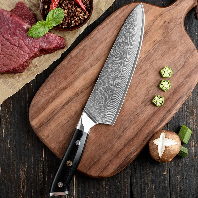 Couteau de chef japonais 8 pouces, lame Damas VG10, manche bois