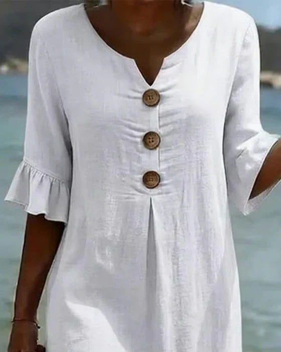 Robe en coton et lin femme boutonnée, manches courtes à volants