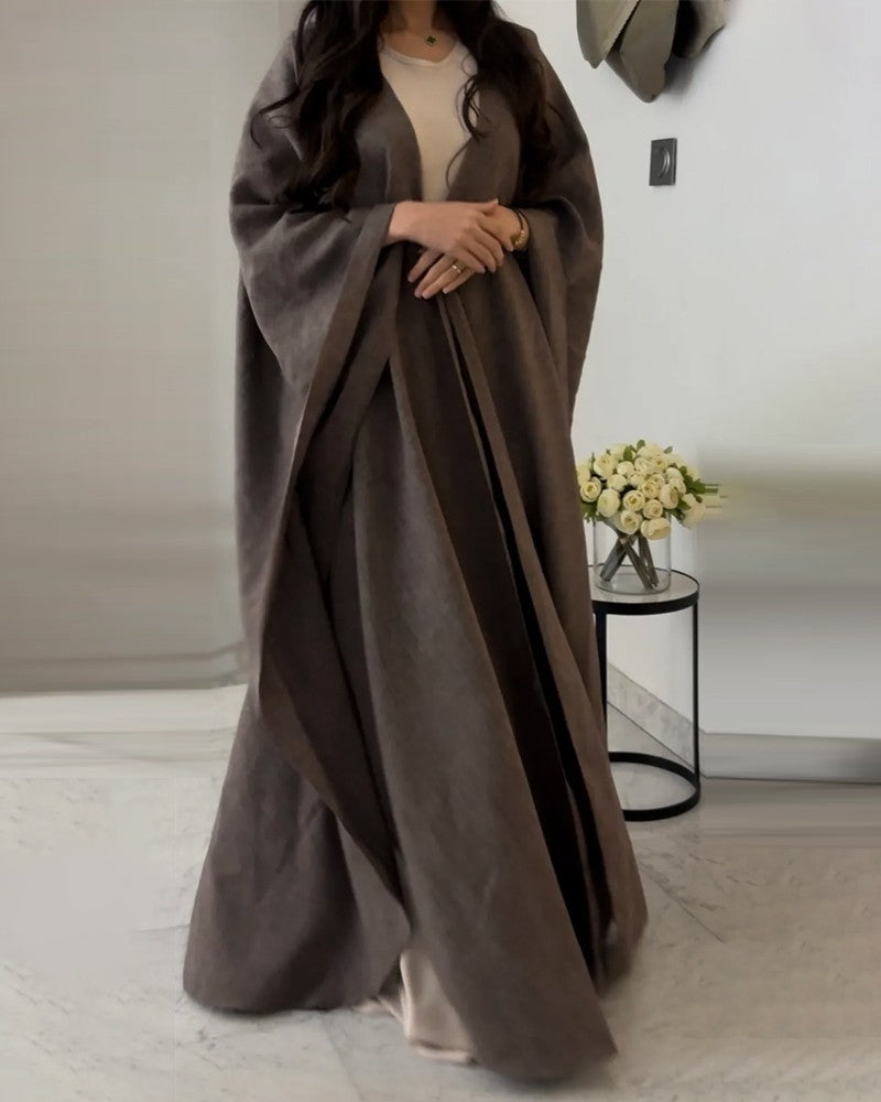 Abaya longue ouverte à manches kimono, vert ou taupe, taupe