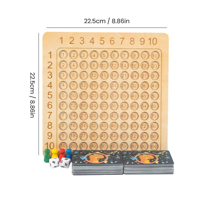 Jeu de multiplication en bois : plateau, 100 cartes et 2 dés