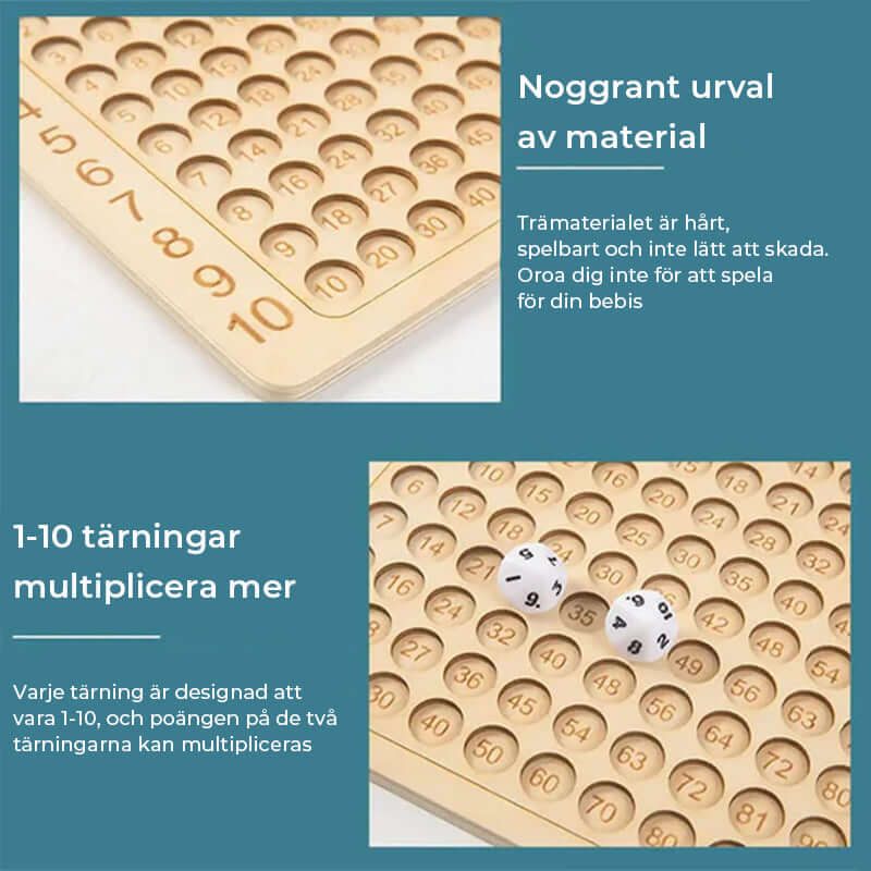 Jeu de multiplication en bois : plateau, 100 cartes et 2 dés