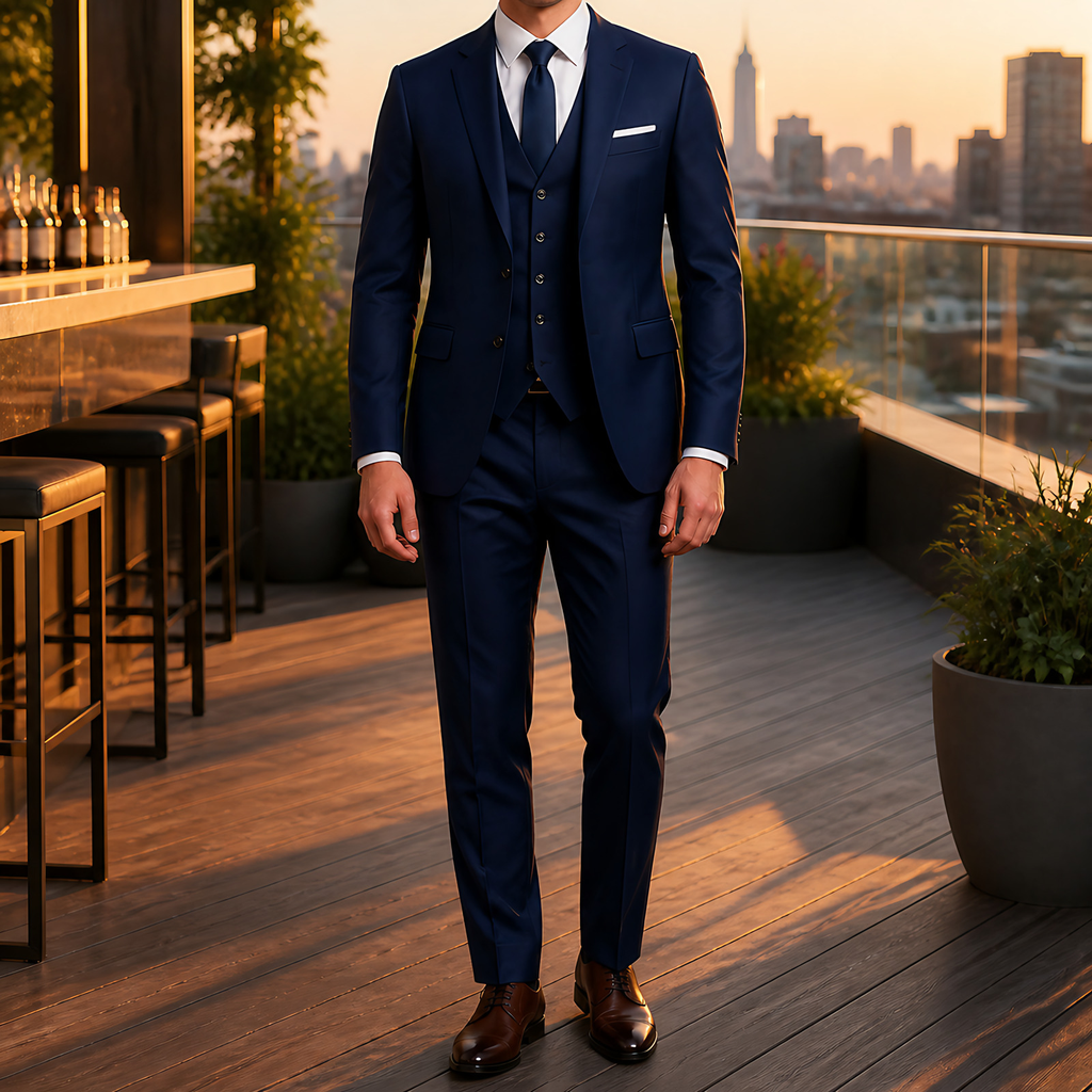 Costume 3 pièces homme coupe ajustée, mariage et cérémonie, bleu marine