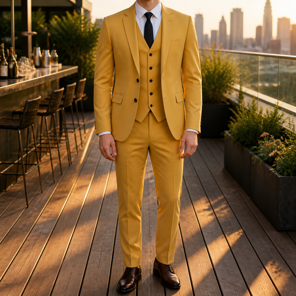 Costume 3 pièces homme coupe ajustée, mariage et cérémonie, jaune