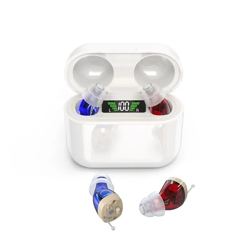 Amplificateur auditif intra-auriculaire rechargeable, étui de charge