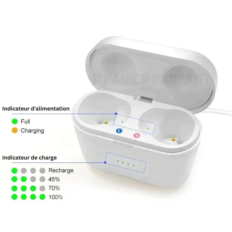Amplificateur auditif intra-auriculaire rechargeable, étui de charge