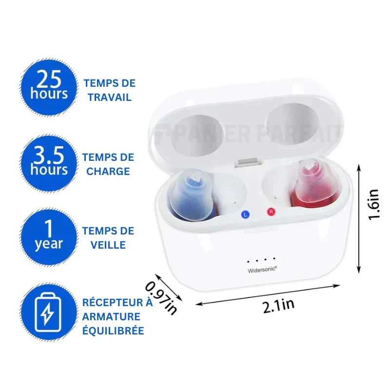 Amplificateur auditif intra-auriculaire rechargeable, étui de charge