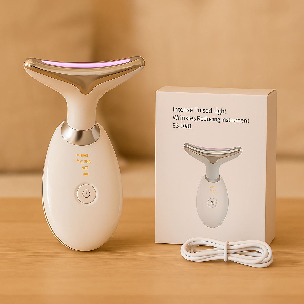Appareil de massage visage et cou à LED trois couleurs, USB, blanc