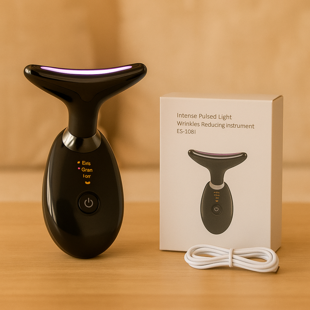 Appareil de massage visage et cou à LED trois couleurs, USB, noir