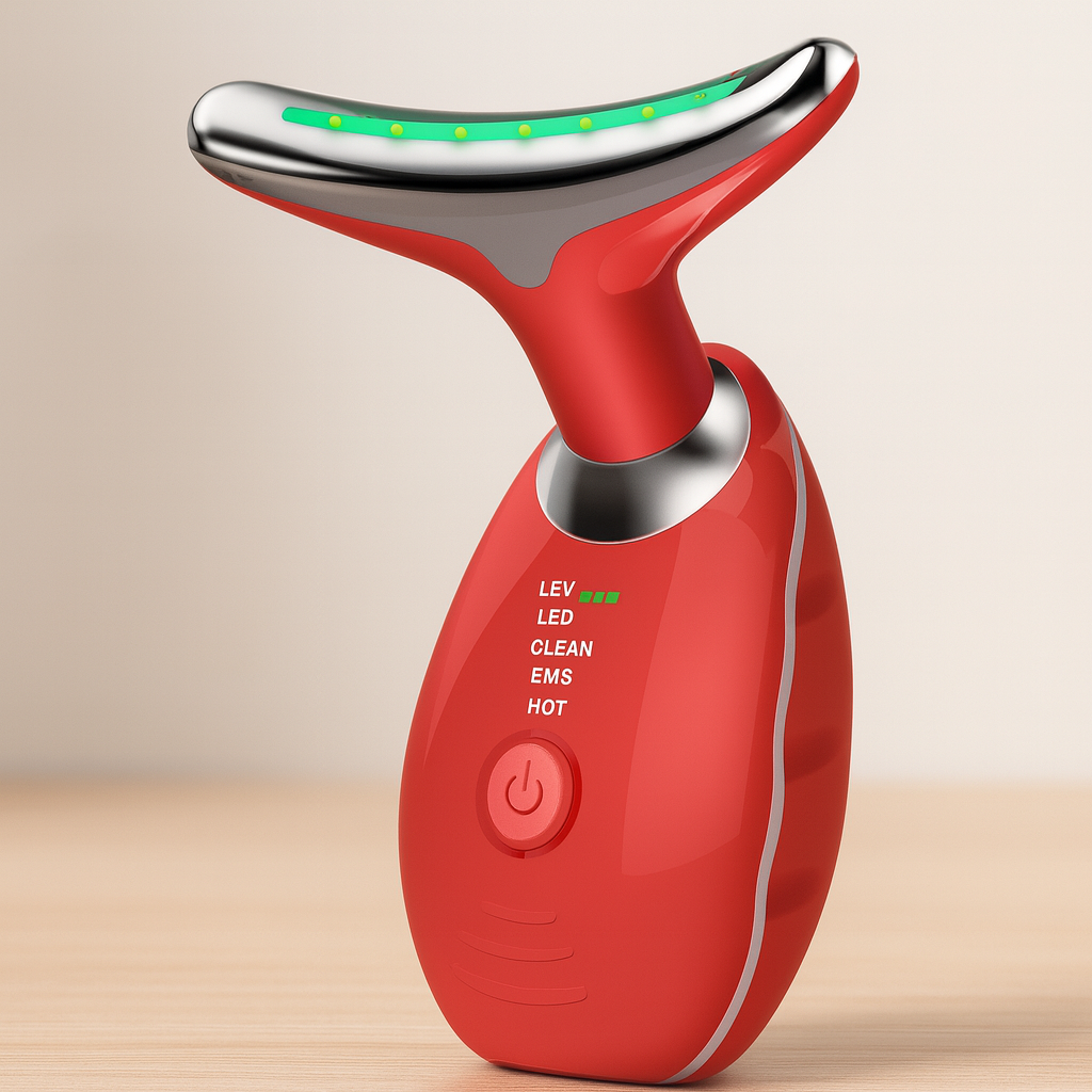 Appareil de massage visage et cou à LED trois couleurs, USB, rouge