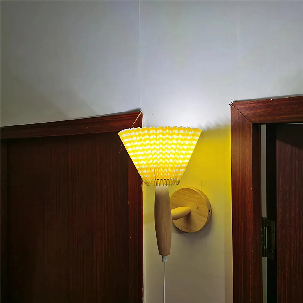 Applique murale nordique en bois, abat-jour plissé en tissu, LED