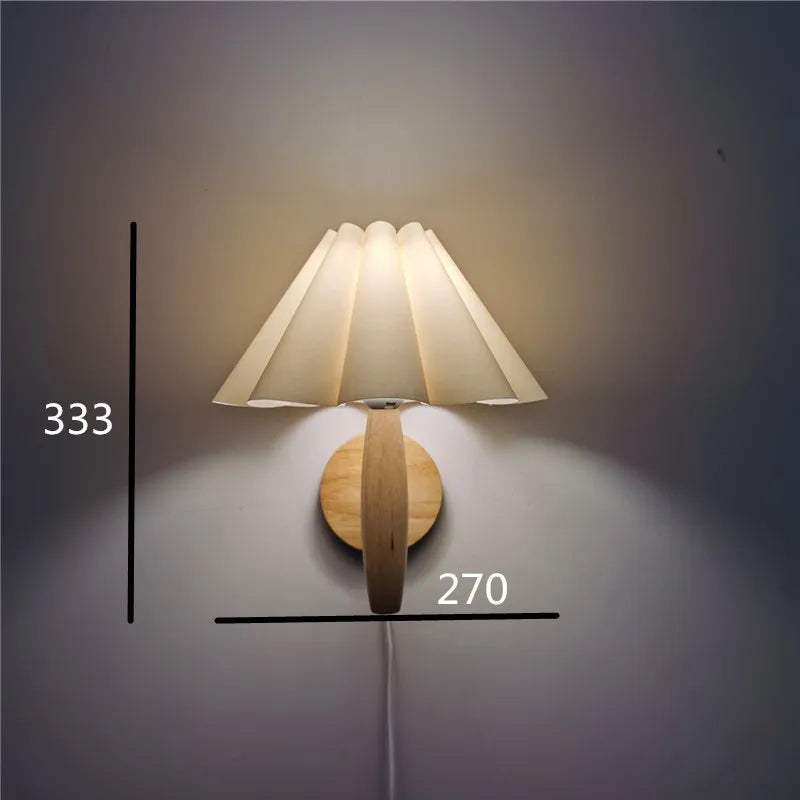 Applique murale nordique en bois, abat-jour plissé en tissu, LED
